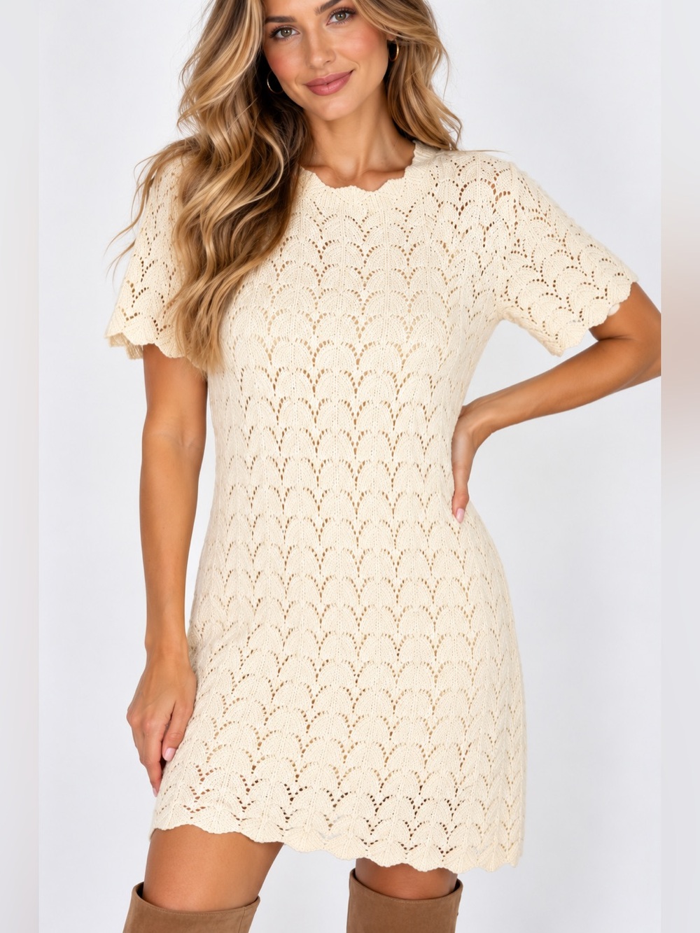 NWT a new day Cream Crochet Mini Knit Sweater Dress Lined cottagecore Size S